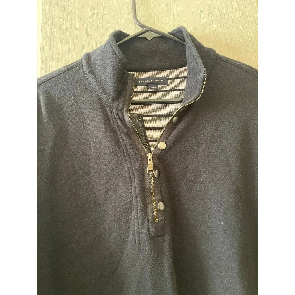 Banana Republic Men's Black Cotton Blend Sweater Sz L 1/4 Zip & Snap Pullover